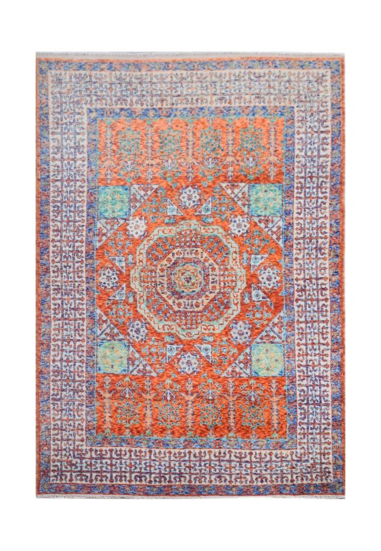 A handmade Afghan Chobi rug featuring a Mamluk-inspired geometric pattern in orange and blue tones.
