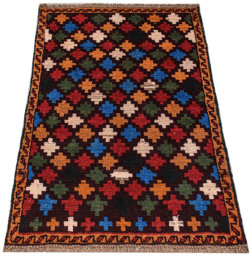 Handmade Afghan Pashm rug featuring a dark field with a repeating colorful geometric cross pattern.