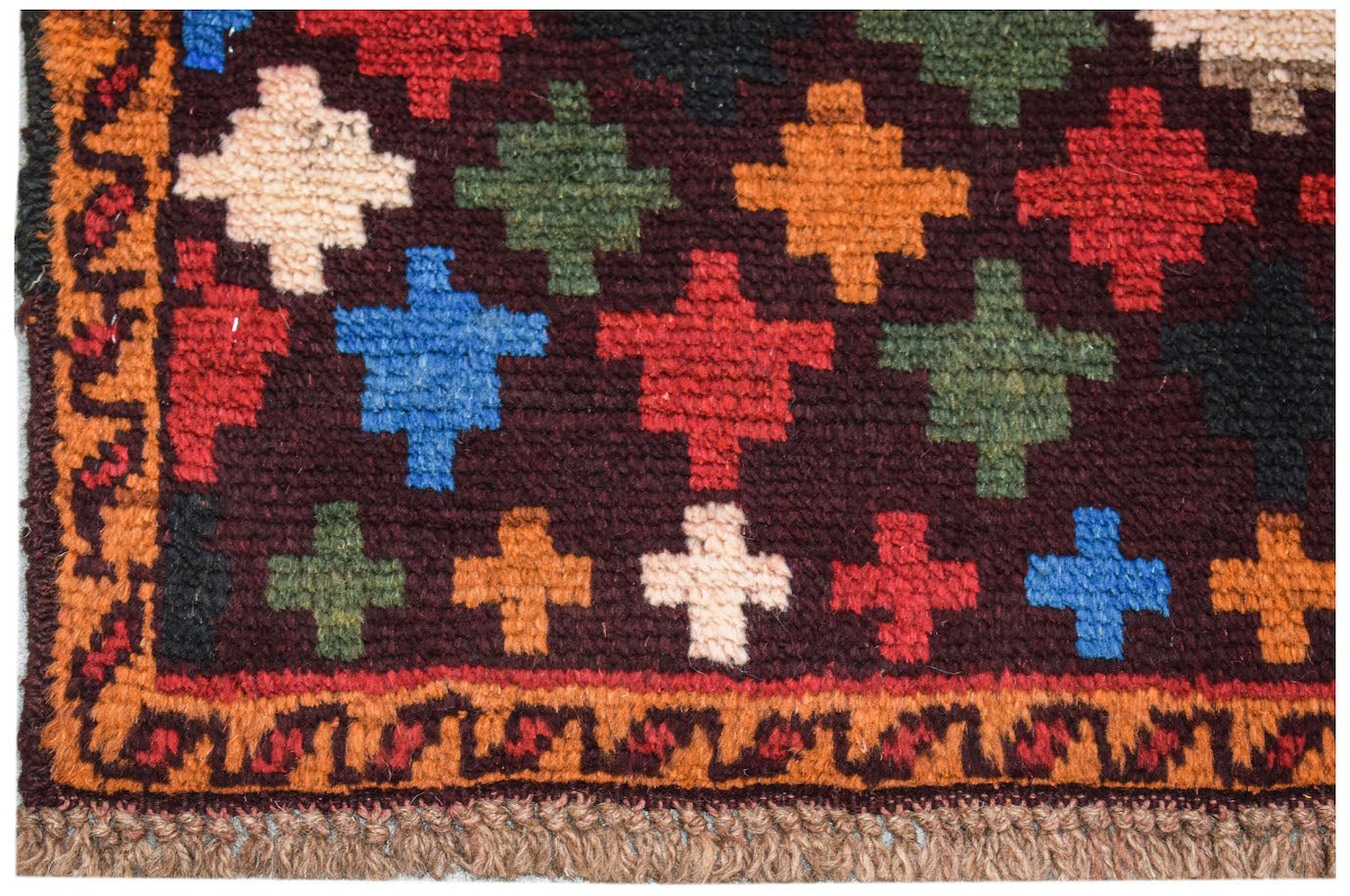 Handmade Afghan Pashm rug featuring a dark brown field with colorful geometric cross motifs.