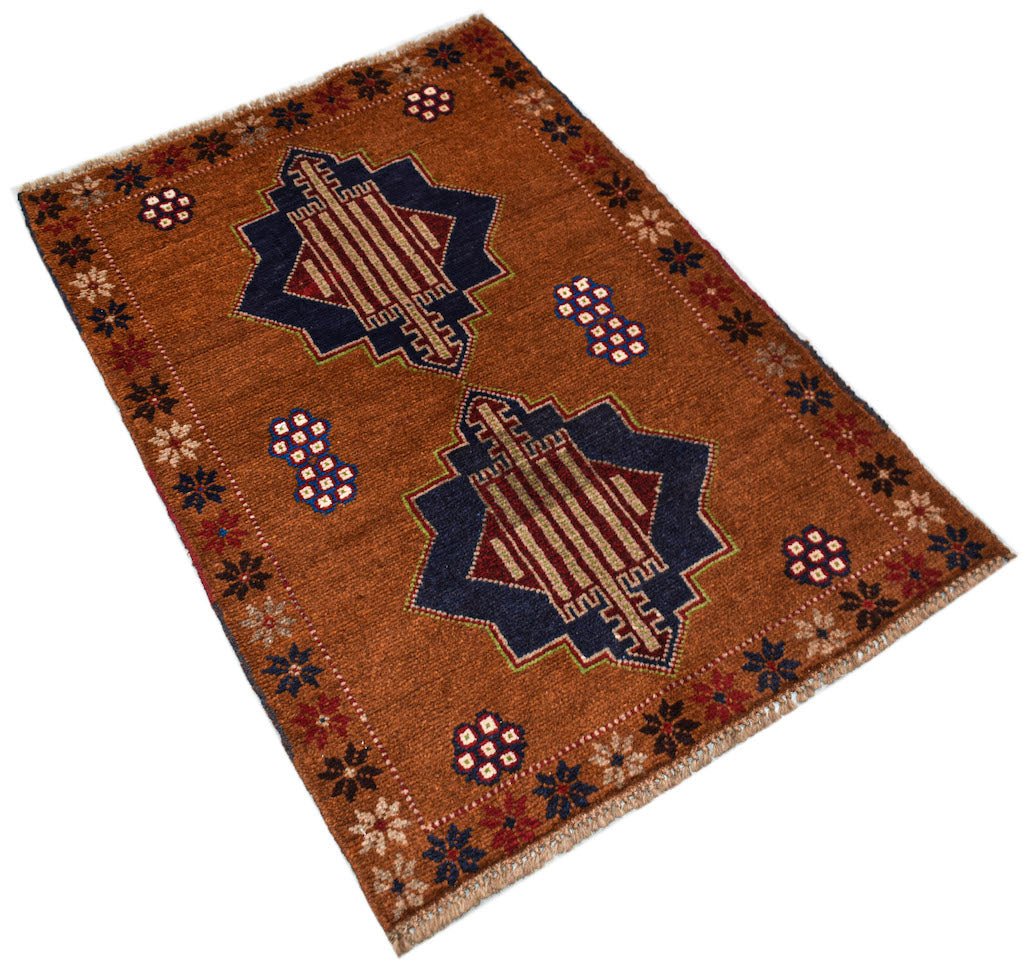 Handmade Afghan Pashm rug featuring two dark blue geometric medallions on a brown wool field.