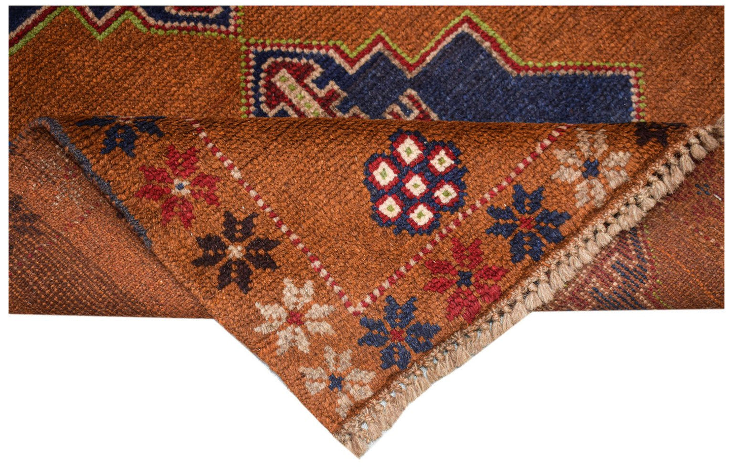 A handmade Afghan Pashm rug featuring geometric floral patterns in blue, red, and ivory on brown.