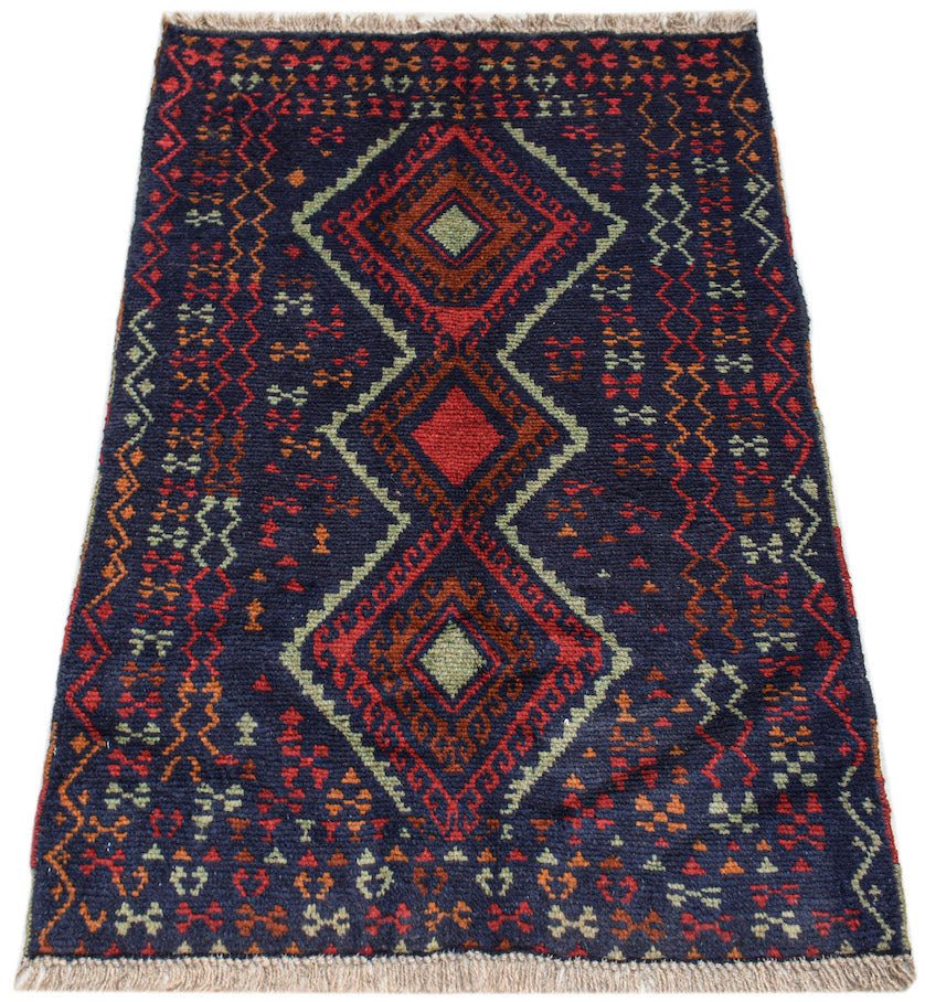 Handmade Afghan Pashm rug featuring a dark blue field with three central geometric diamond motifs.