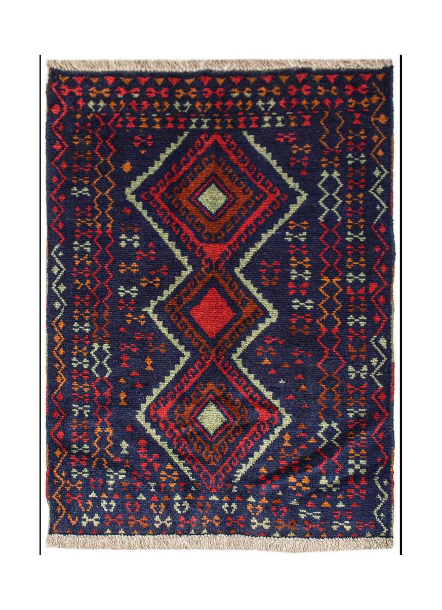 Handmade Afghan Pashm rug featuring a dark blue field with geometric diamond patterns in red.