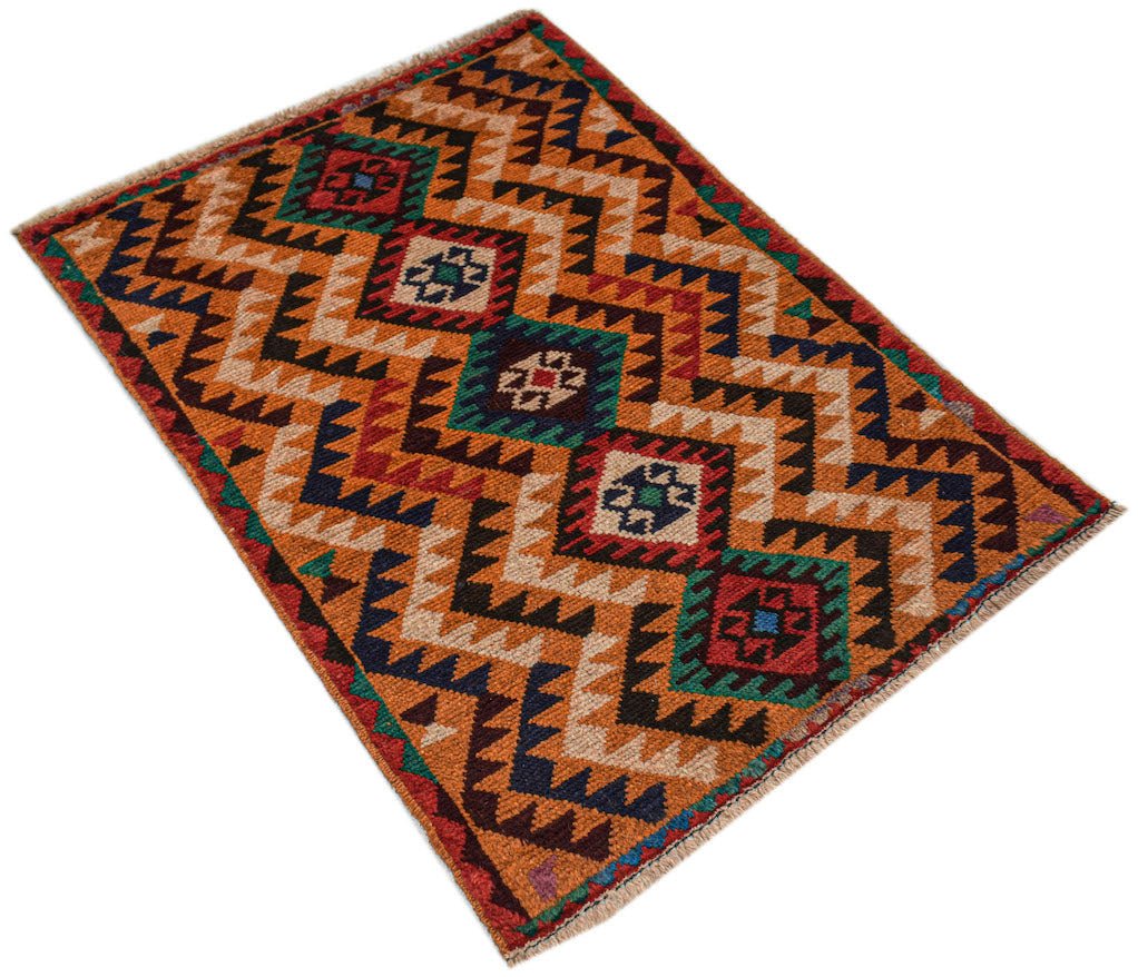 Afghan Pashm Rug with geometric patterns in orange, blue, red, and green.