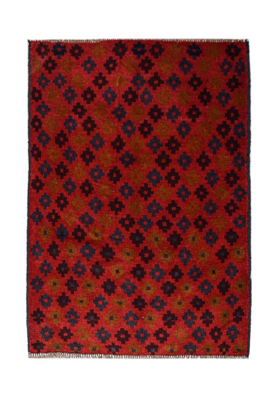 Handmade Afghan Pashm rug featuring a geometric pattern in dark red, blue, and brown tones.