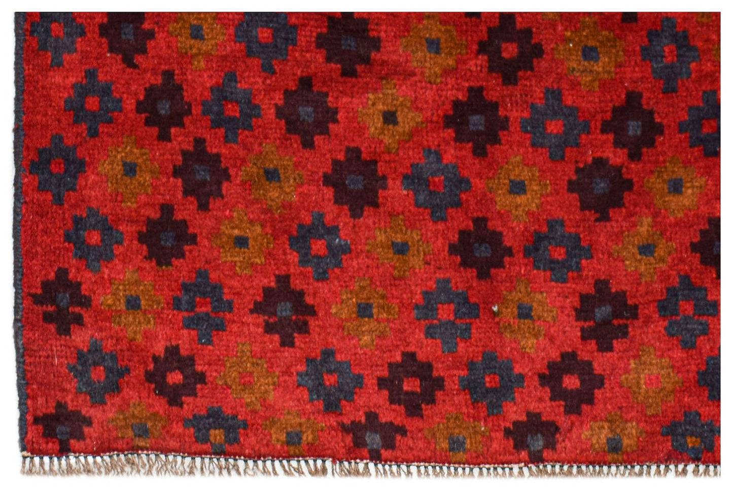 Handmade Afghan Pashm rug featuring a repeating geometric pattern in red, brown, and dark blue.