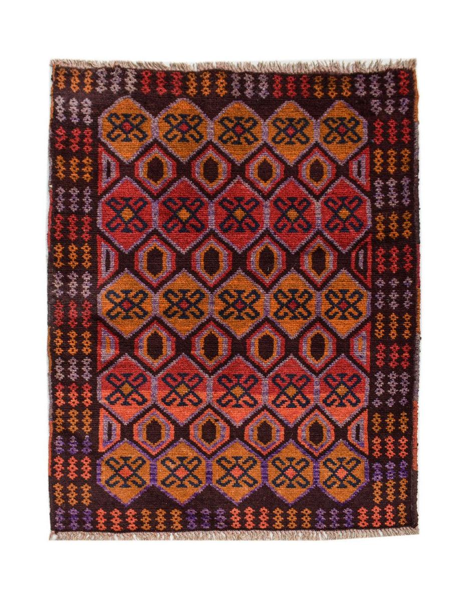 Handmade Afghan Pashm rug featuring a geometric diamond pattern in shades of red, orange, and brown.