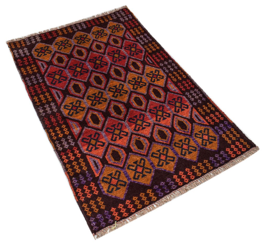 Handmade Afghan Pashm rug featuring a geometric diamond pattern in shades of red, orange, and brown.