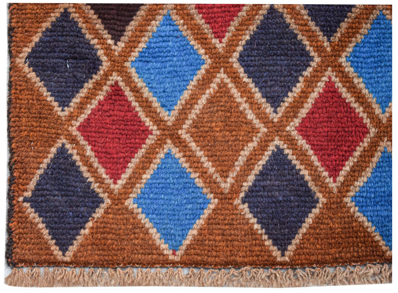 Afghan Pashm rug with a diamond pattern in red, blue, and brown.