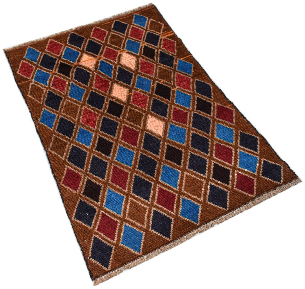 Handmade Afghan Pashm rug featuring a geometric diamond pattern in shades of brown, blue, and red.