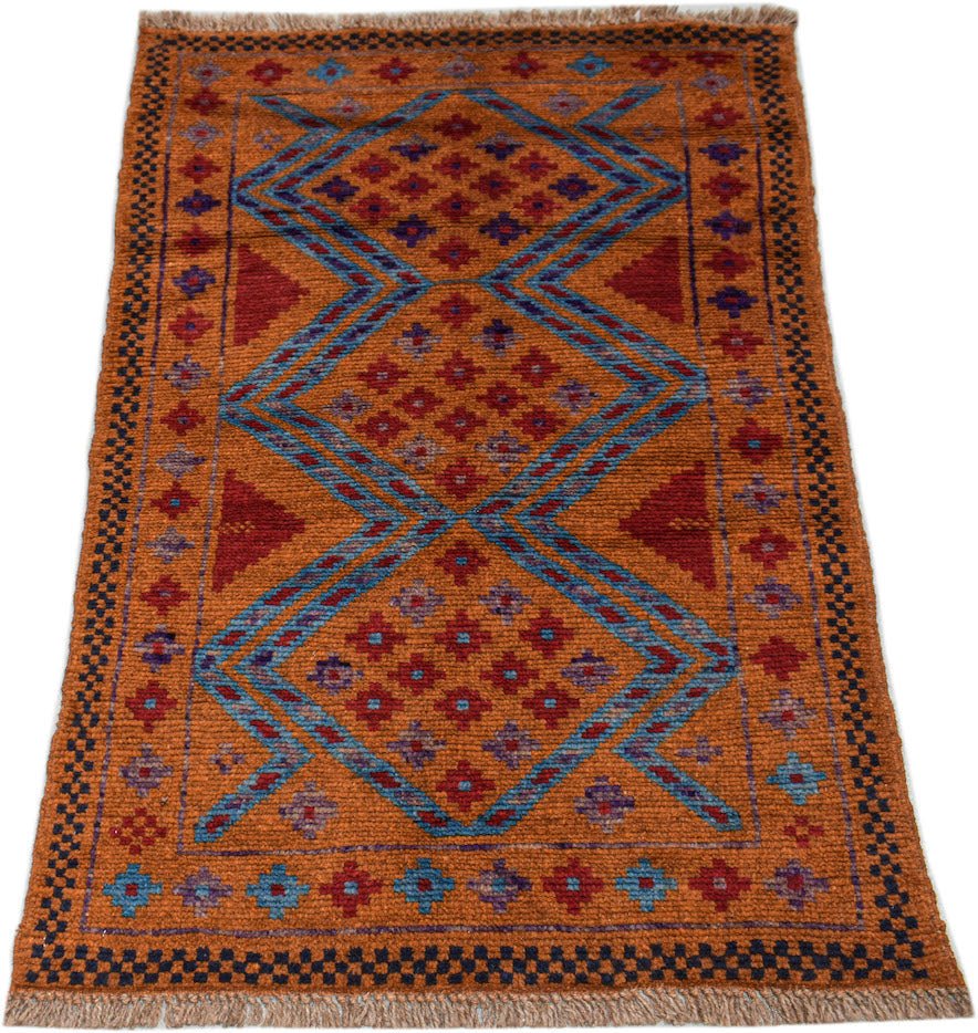 Handmade Afghan Pashm rug featuring a geometric diamond pattern in orange, blue, and red wool.