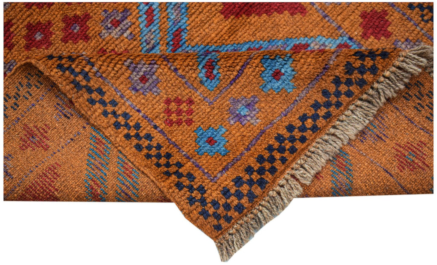 A handmade Afghan Pashm rug featuring geometric patterns in shades of orange, blue, and red.