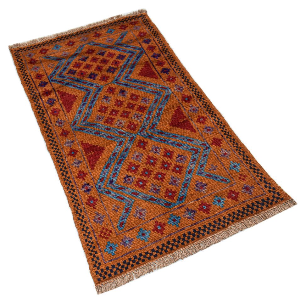 Handmade Afghan Pashm rug featuring a geometric diamond pattern in shades of orange, blue, and red.
