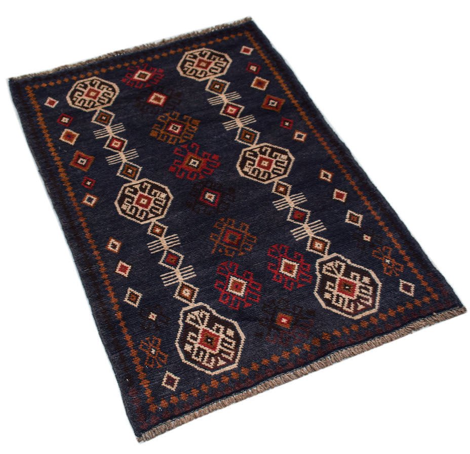 A handmade Afghan Pashm rug featuring geometric patterns in dark blue, red, and ivory tones.