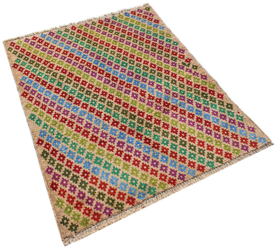 Handmade Afghan Pashm rug featuring a colorful geometric pattern on a natural wool background.