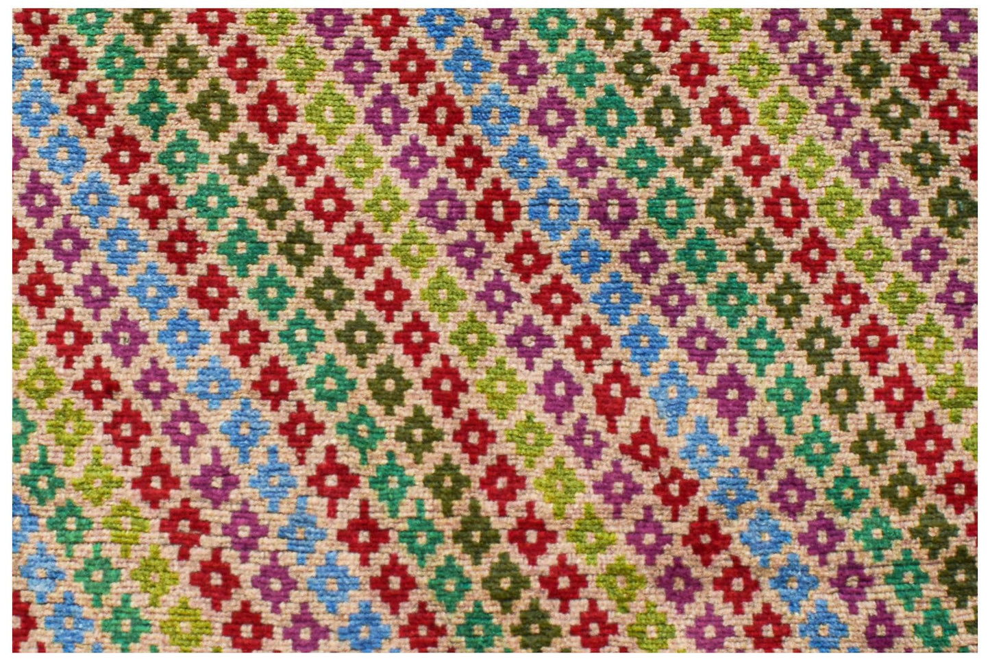 Handmade Afghan Pashm rug featuring a repeating geometric diamond pattern in vibrant colors.