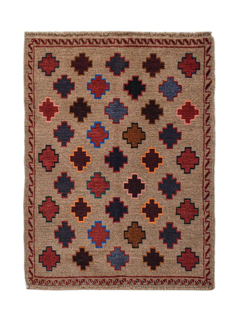 Afghan Pashm rug with a repeating geometric pattern in brown, red, blue, and black.