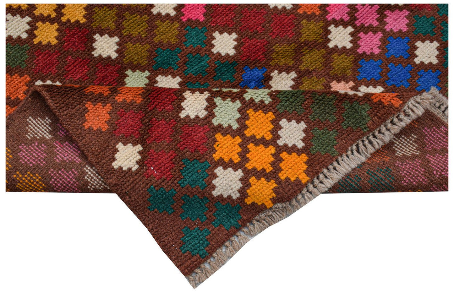 A handmade Afghan Pashm rug featuring a brown background with a colorful geometric cross pattern.