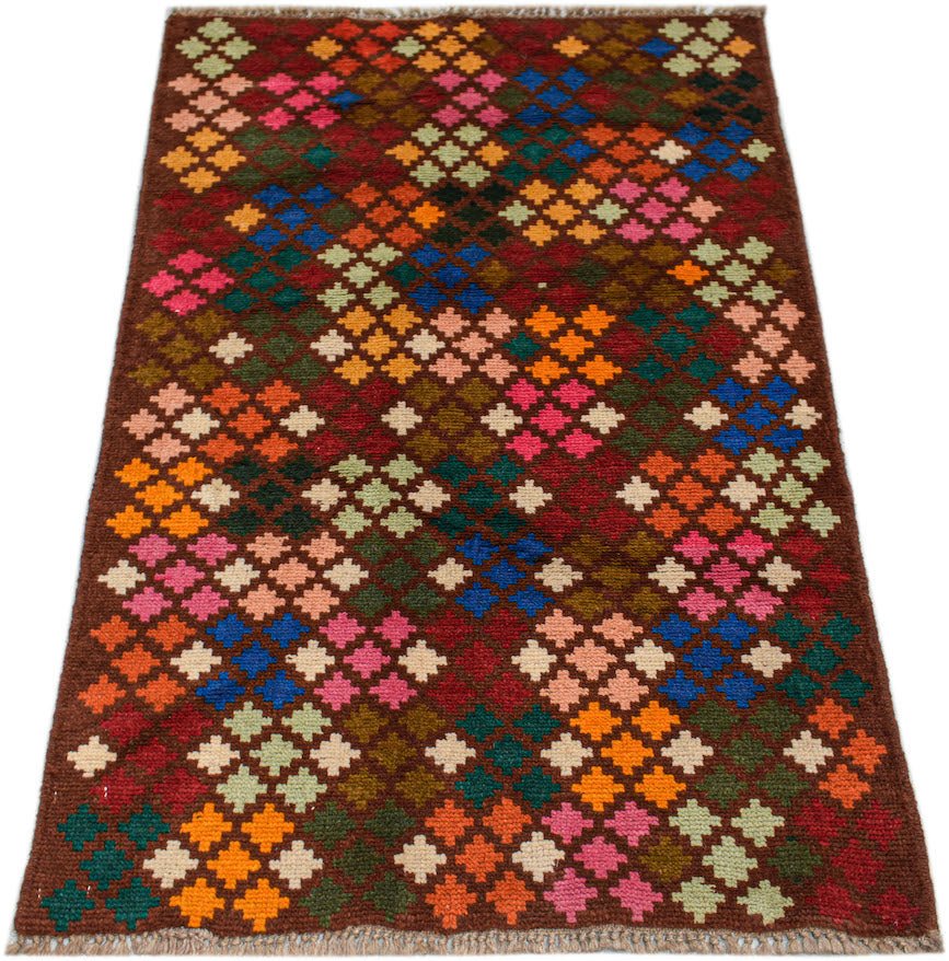Handmade Afghan Pashm rug featuring a geometric pattern of colorful diamond clusters on a brown background.
