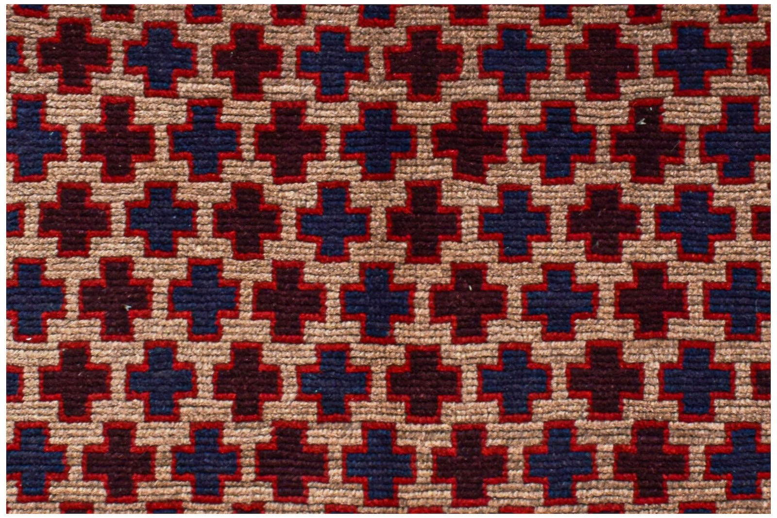 Handmade Afghan Pashm rug featuring a repeating geometric cross pattern in blue, red, and brown.