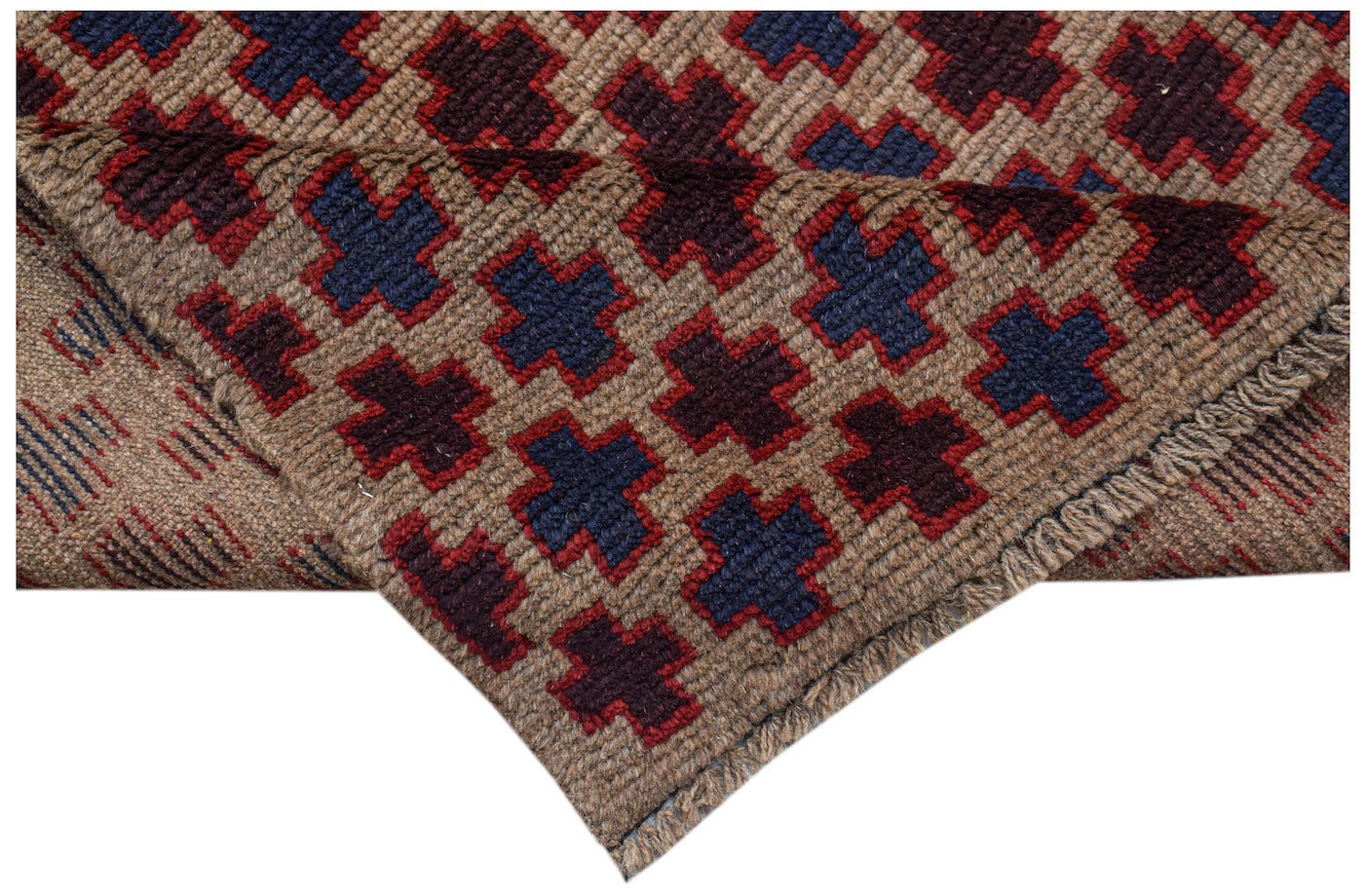 A handmade Afghan Pashm rug featuring a repeating cross pattern in dark red, blue, and brown wool.