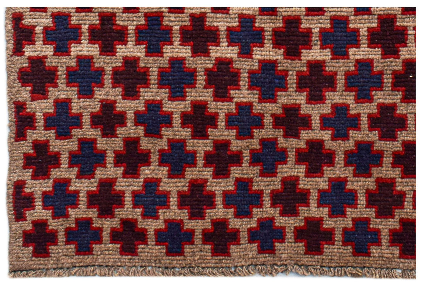 Handmade Afghan Pashm rug featuring a repeating geometric cross pattern in red, blue, and brown.