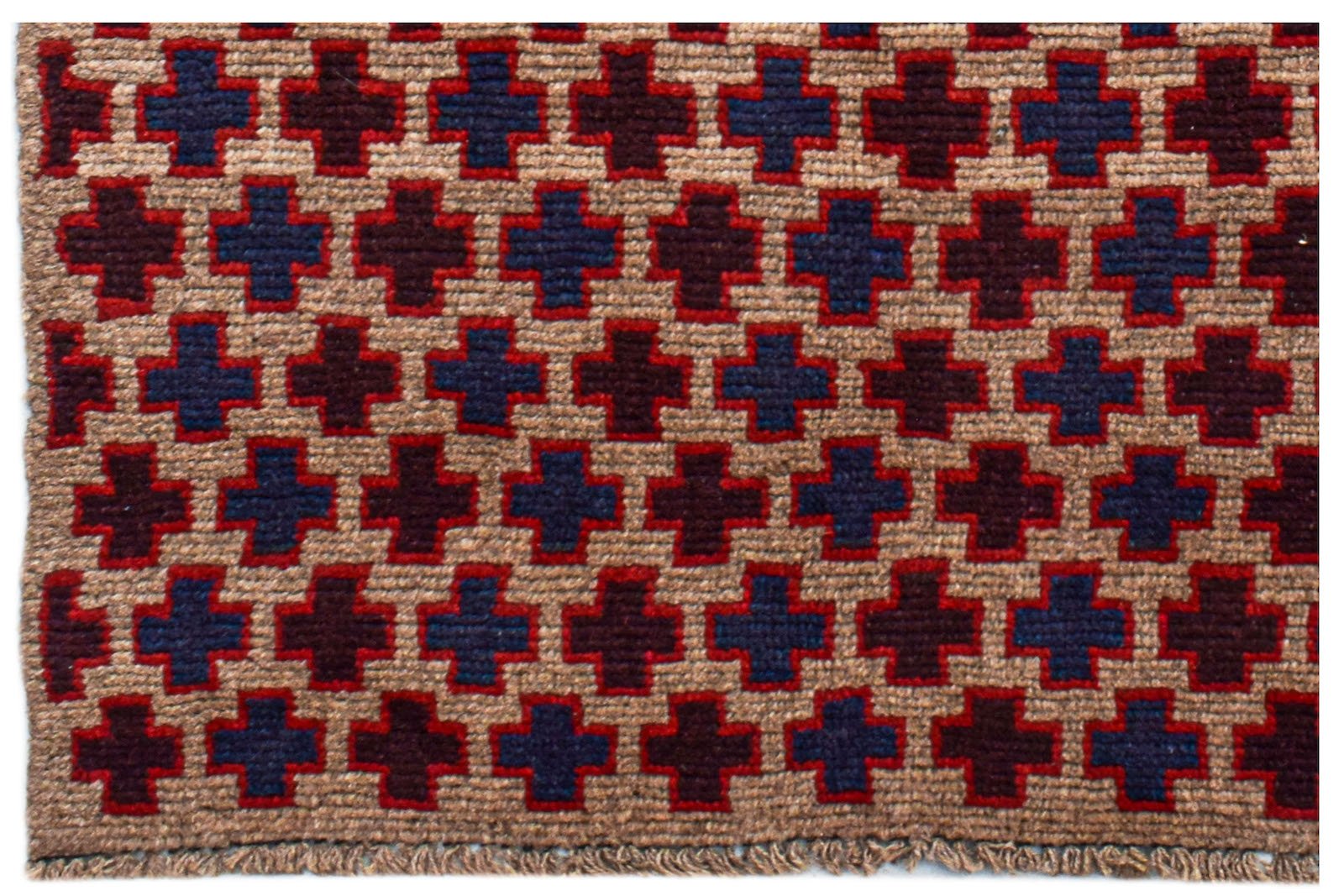 Handmade Afghan Pashm rug featuring a repeating geometric cross pattern in red, blue, and brown.
