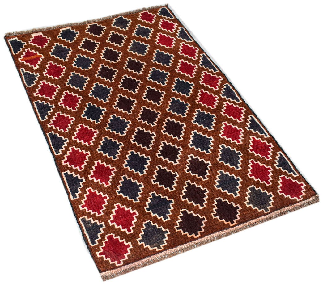 Handmade Afghan Pashm rug featuring a repeating geometric pattern in dark red, brown, and blue.