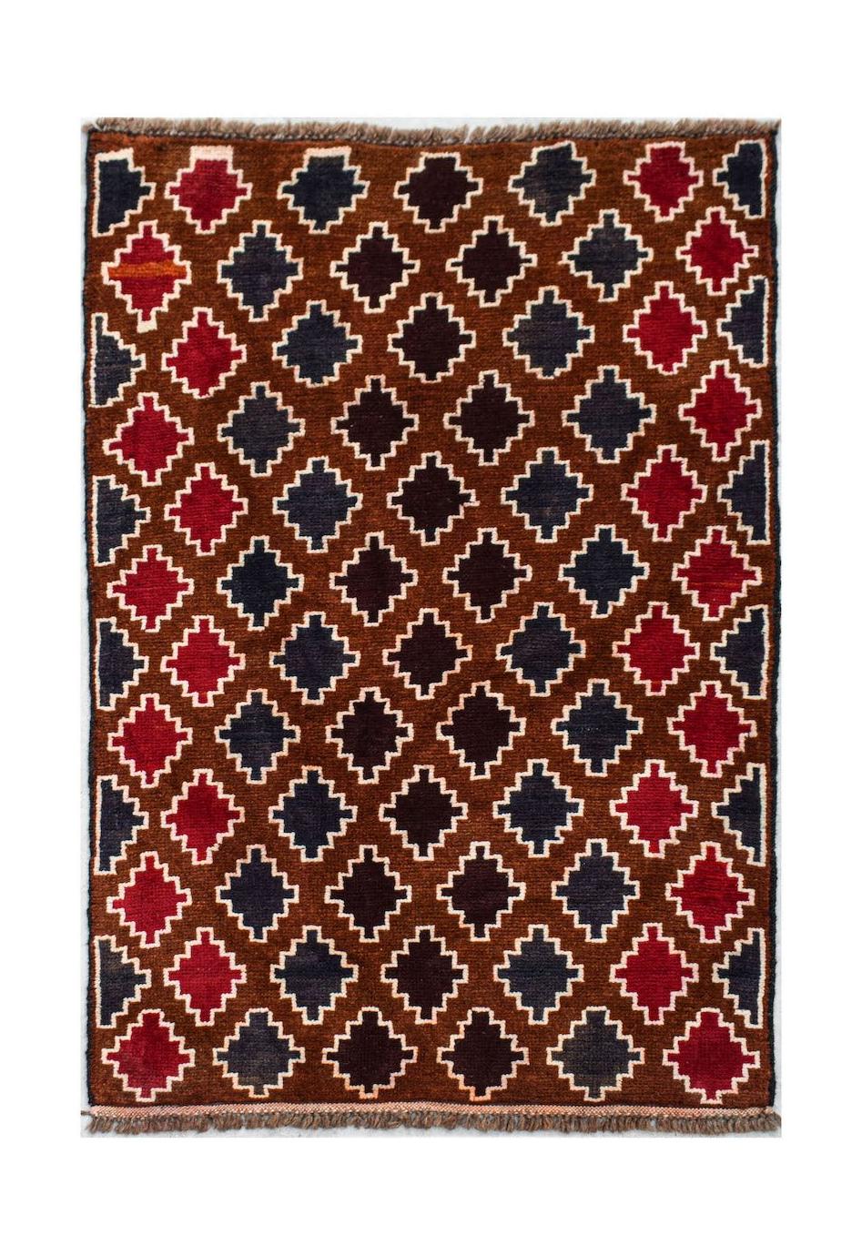 Handmade Afghan Pashm rug featuring a repeating geometric pattern in dark red, blue, and brown.