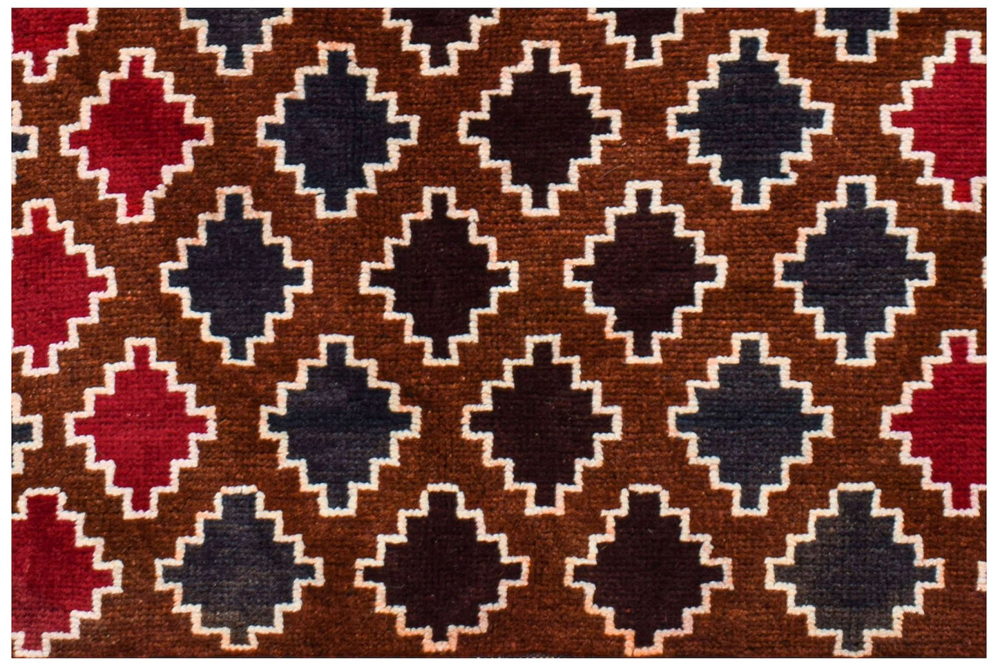Handmade Afghan Pashm rug featuring a repeating geometric pattern in dark red, brown, and blue.