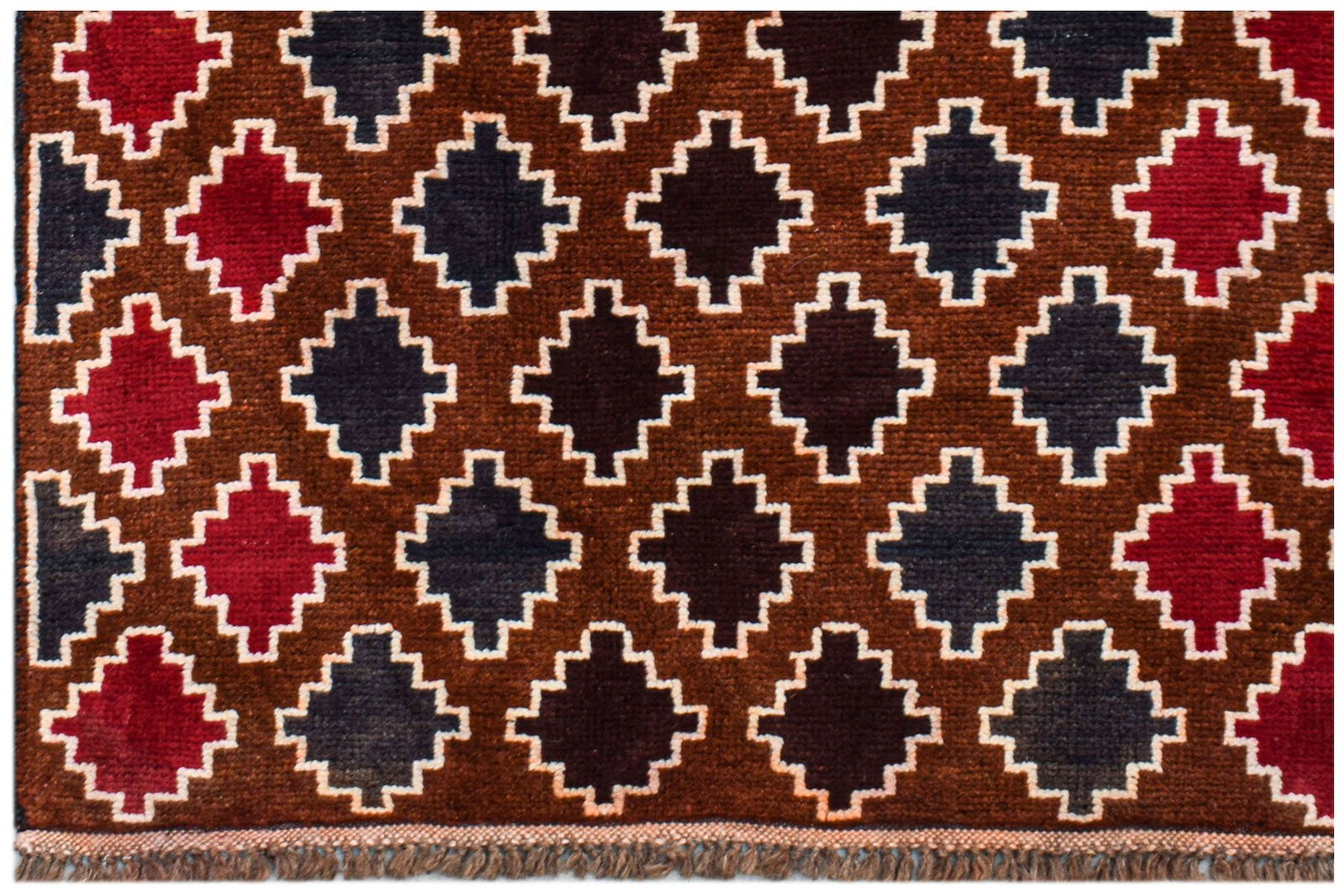 Handmade Afghan Pashm rug featuring a repeating geometric pattern in dark red, brown, and blue.