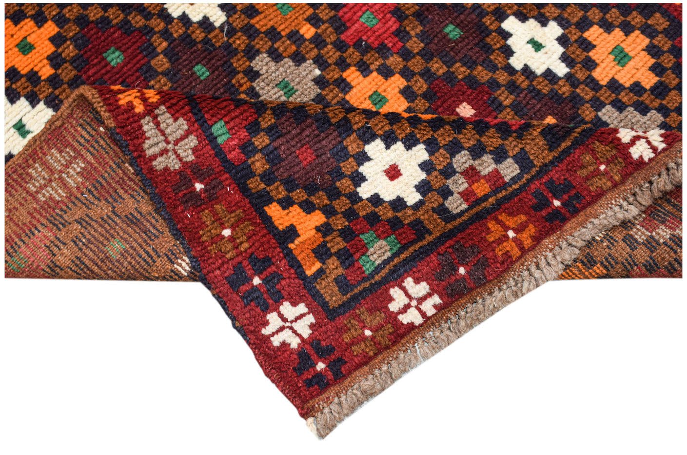 Handmade Afghan Pashm rug featuring a geometric floral pattern in dark red, brown, and ivory.