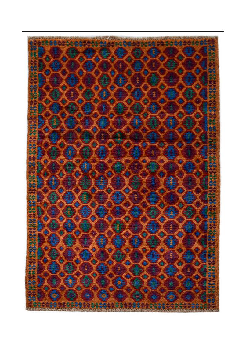 Handmade Afghan Pashm rug featuring a geometric pattern in shades of red, blue, and green.