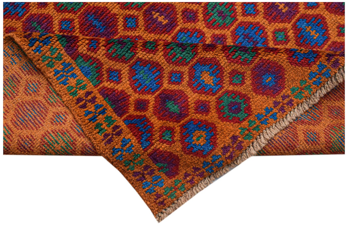 A handmade Afghan Pashm rug featuring a geometric pattern in shades of red, blue, and green.