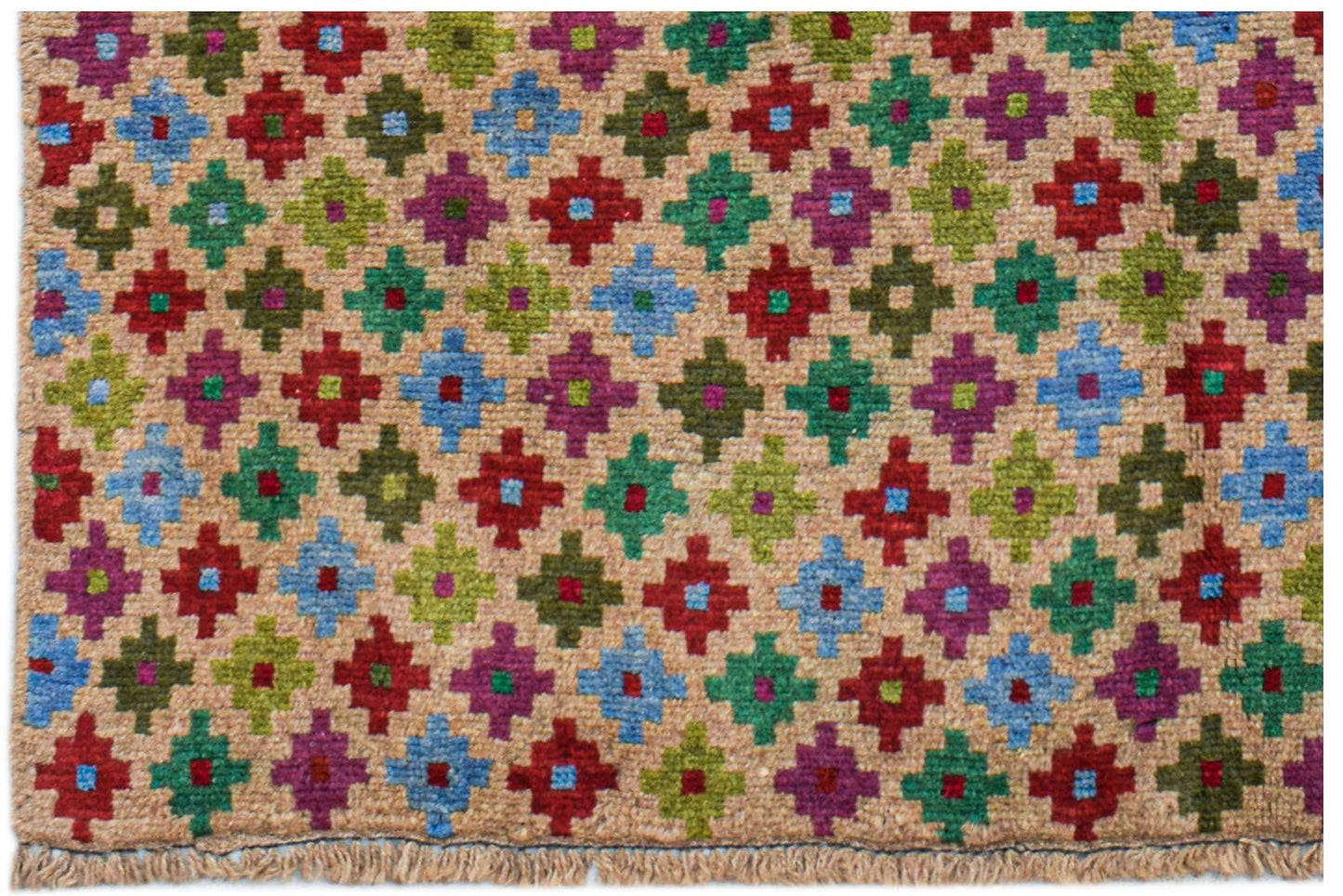 Handmade Afghan Pashm rug featuring a repeating pattern of colorful geometric motifs on a tan base.