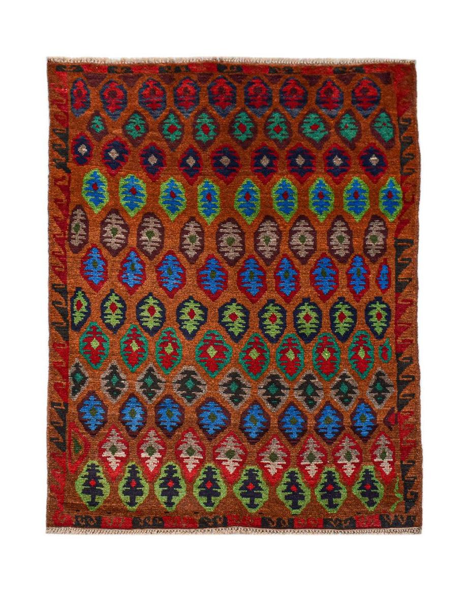 Handmade Afghan Pashm rug featuring a repeating diamond pattern in vibrant red, blue, and green.