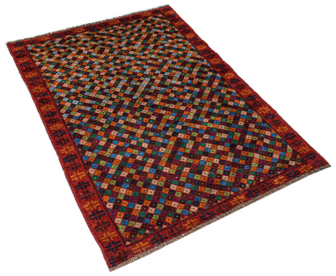 Handmade Afghan Pashm rug featuring a colorful geometric diamond pattern on a dark red background.