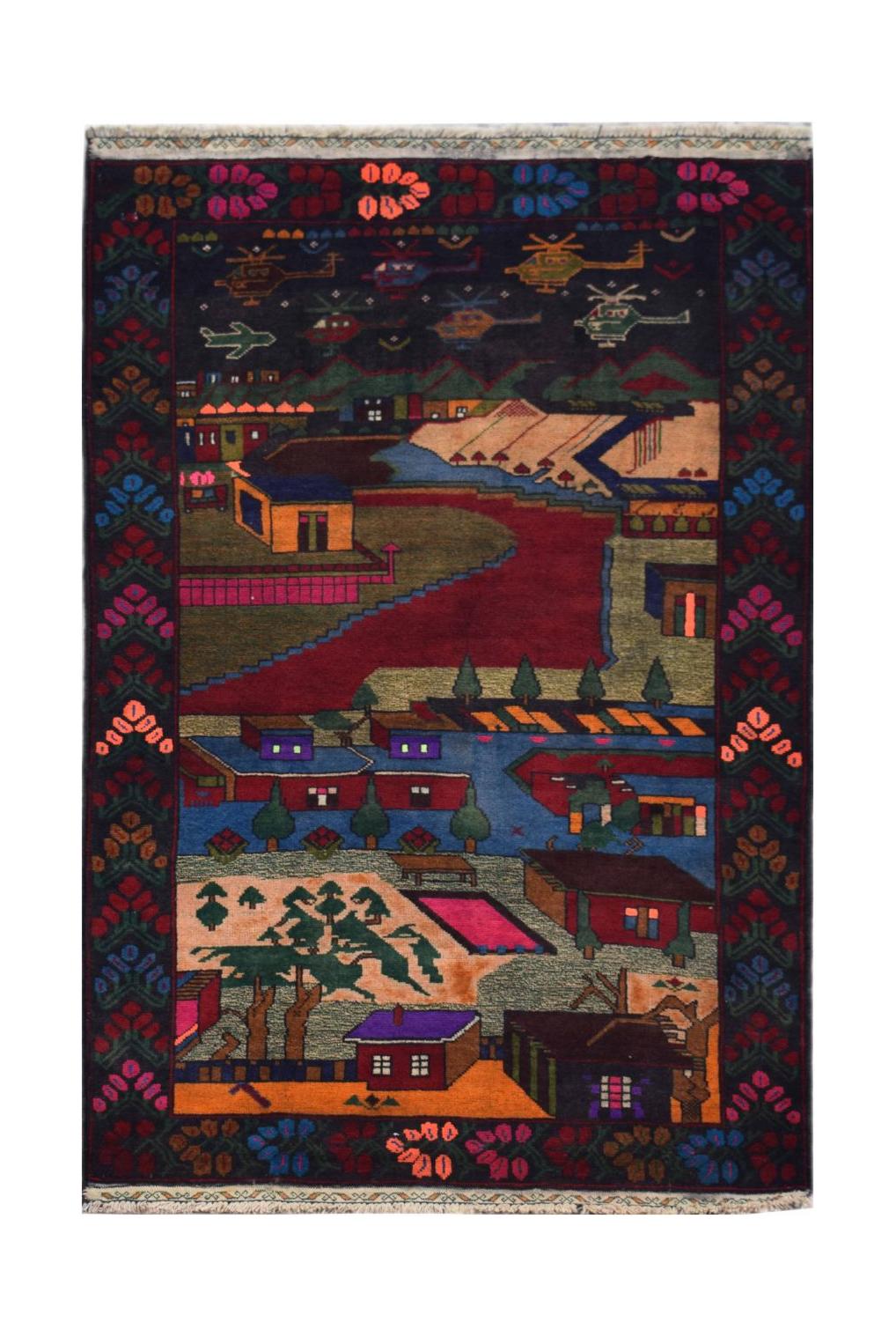 A handmade Afghan wool rug featuring a pictorial landscape design with helicopters and buildings.