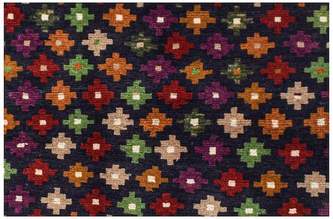 Handmade Afghan Pashm rug featuring a repeating geometric cross pattern in vibrant colors.