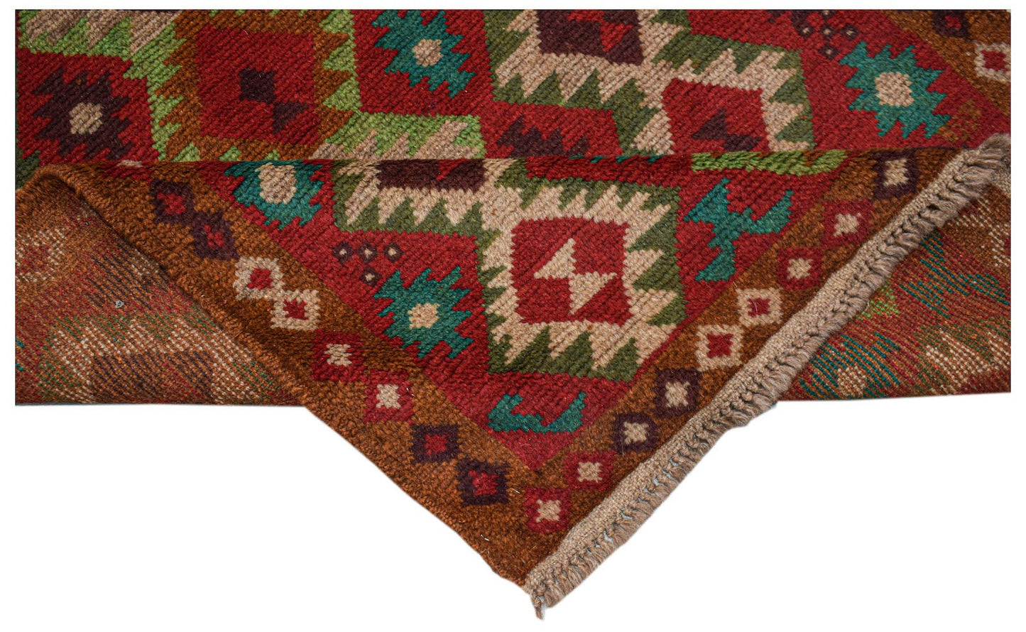 A handmade Afghan Pashm rug featuring a geometric tribal pattern in red, brown, and blue tones.