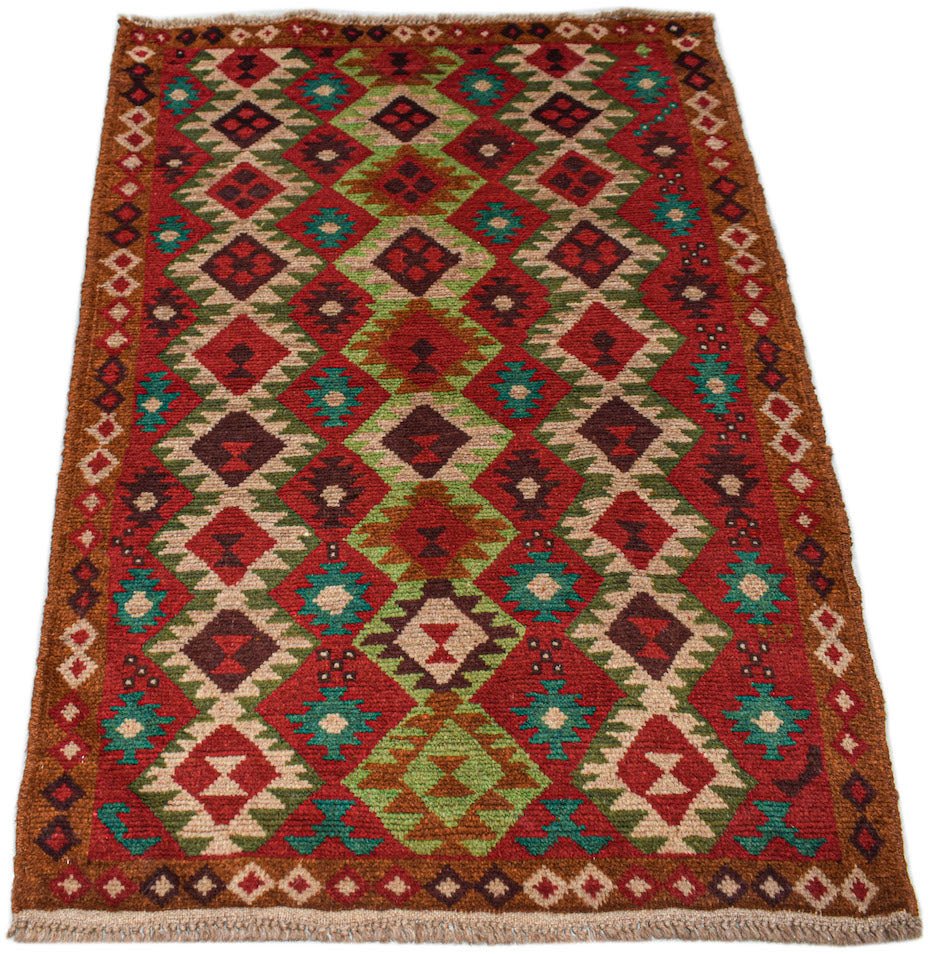 Handmade Afghan Pashm wool rug featuring a geometric diamond pattern in red, green, and brown.