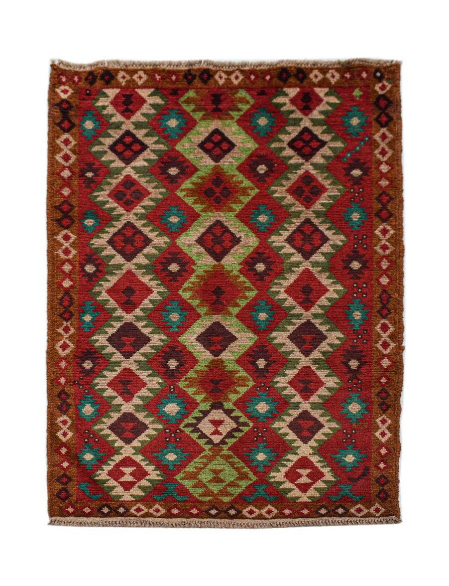 Handmade Afghan Pashm rug featuring a geometric diamond pattern in shades of red, brown, and blue.