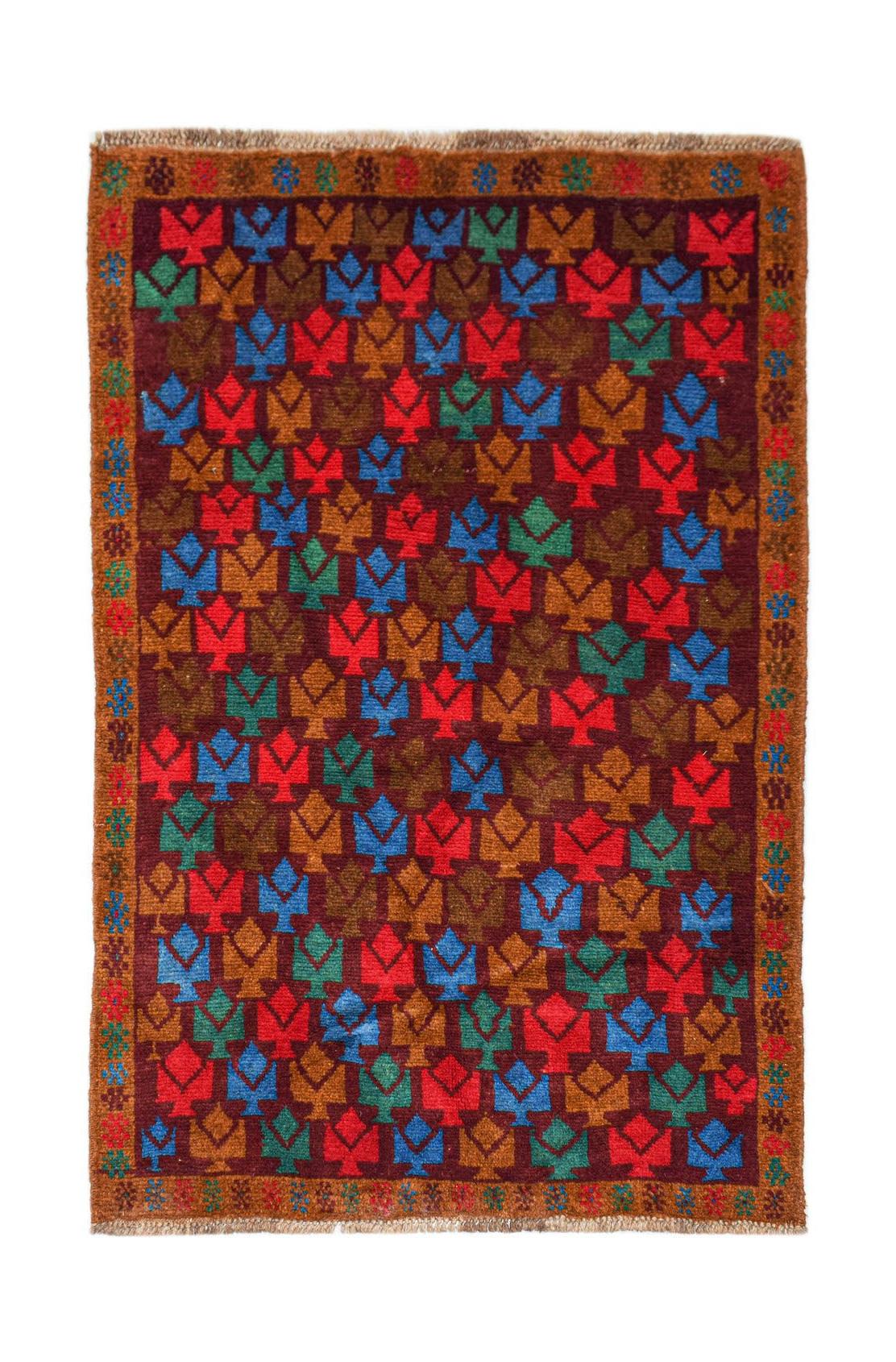 Handmade Afghan Pashm rug featuring a repeating geometric floral pattern in red, blue, and brown.