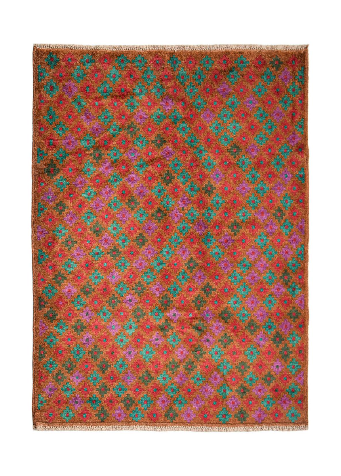 Handmade Afghan Pashm rug featuring a repeating geometric floral pattern in red, teal, and purple.