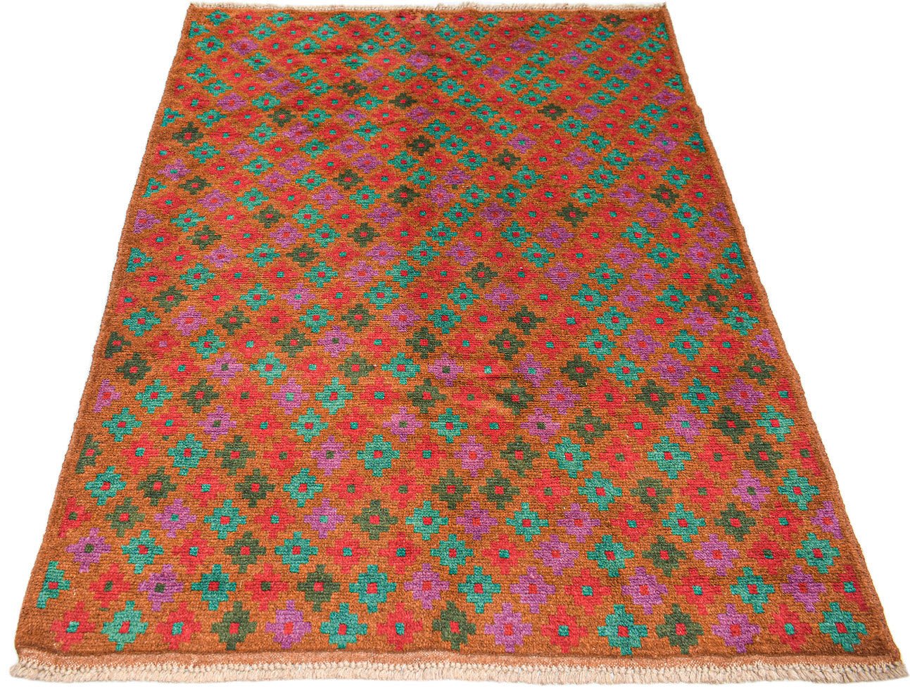A handmade Afghan Pashm rug featuring a repeating geometric floral pattern in red, teal, and purple.