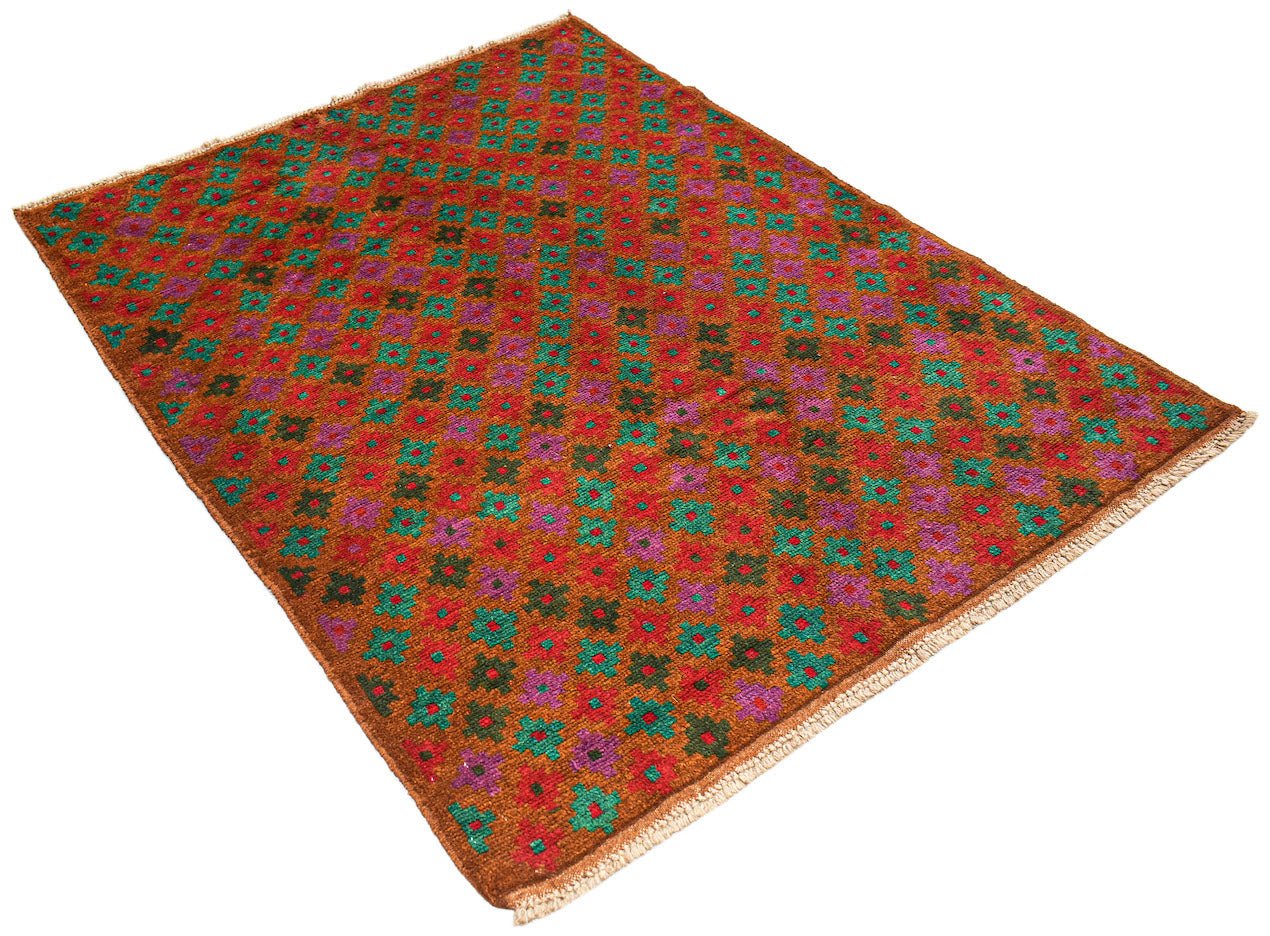 Handmade Afghan Pashm rug featuring a repeating geometric floral pattern in red, teal, and purple.
