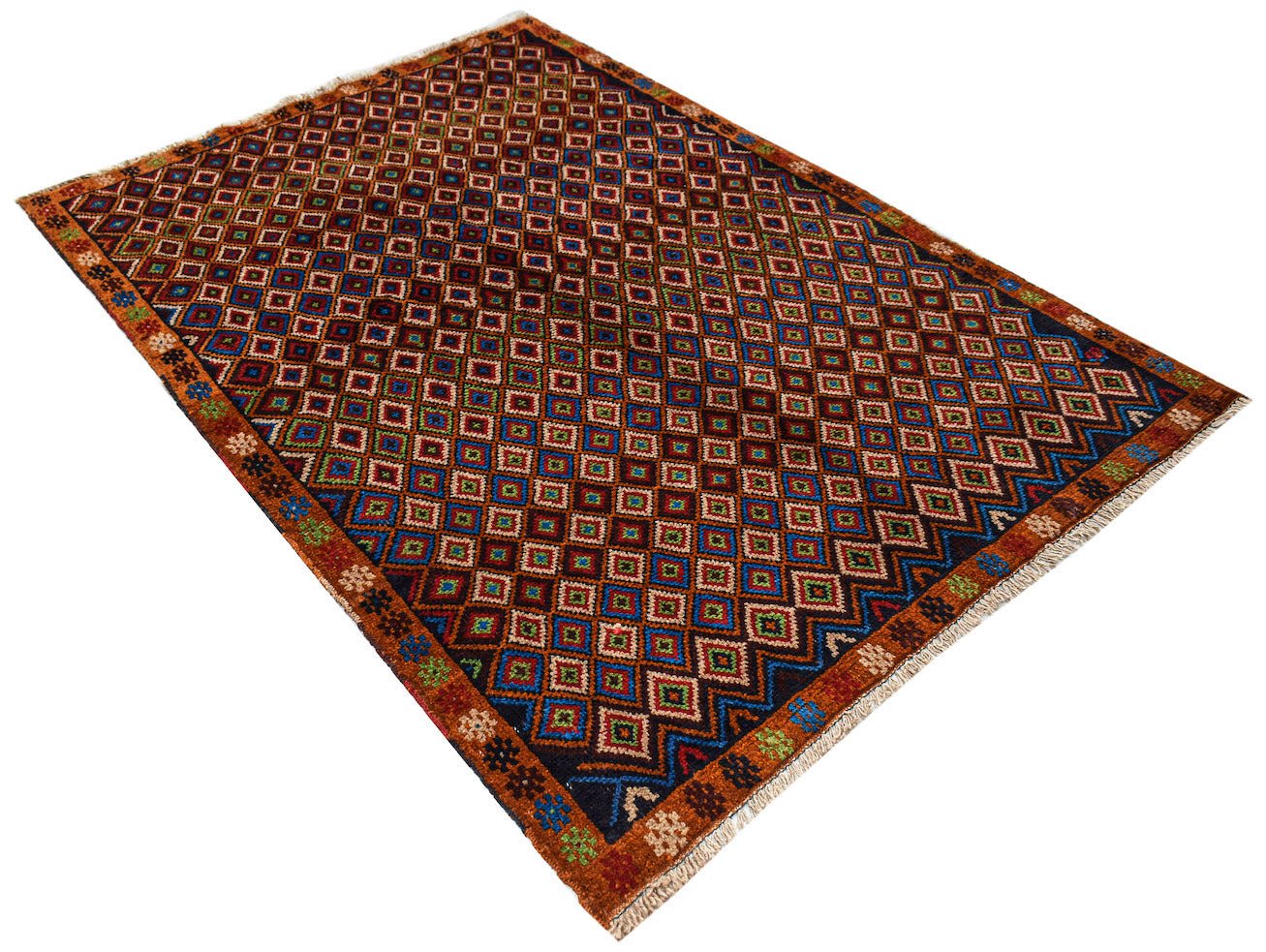 Handmade Afghan Pashm rug featuring a geometric pattern of colorful squares on a dark background.