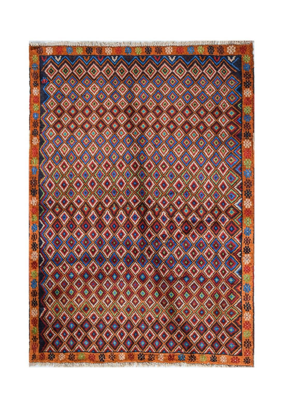 Handmade Afghan Pashm rug featuring a repeating diamond pattern in dark red, blue, and brown.