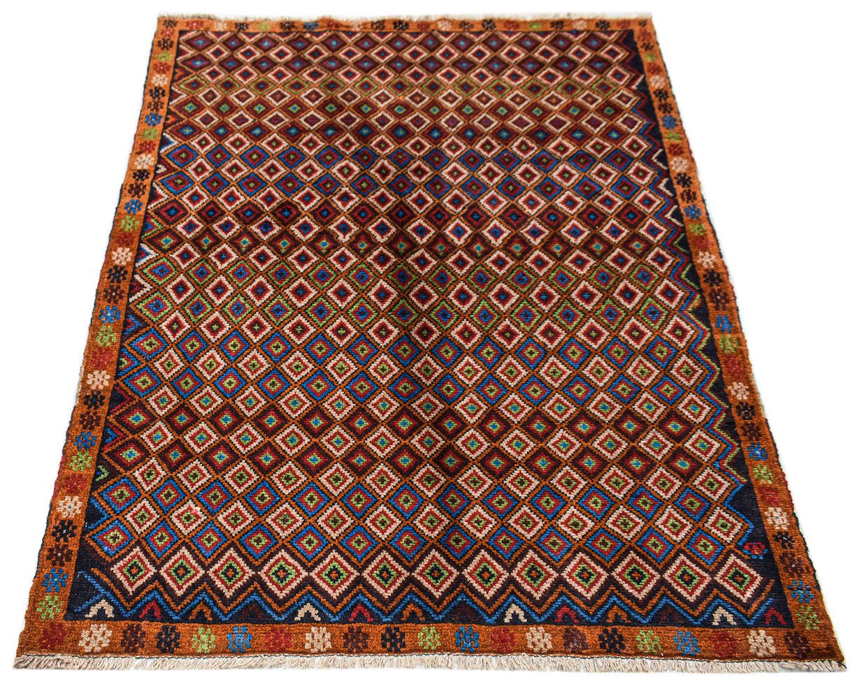 Handmade Afghan Pashm rug featuring a geometric diamond pattern in shades of red, blue, and brown.
