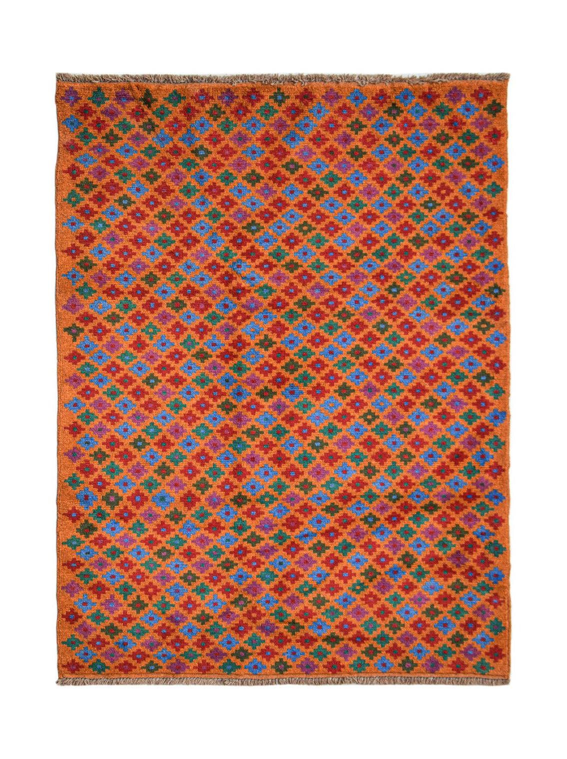 Handmade Afghan Pashm rug featuring a vibrant geometric pattern in orange, blue, green, and red.